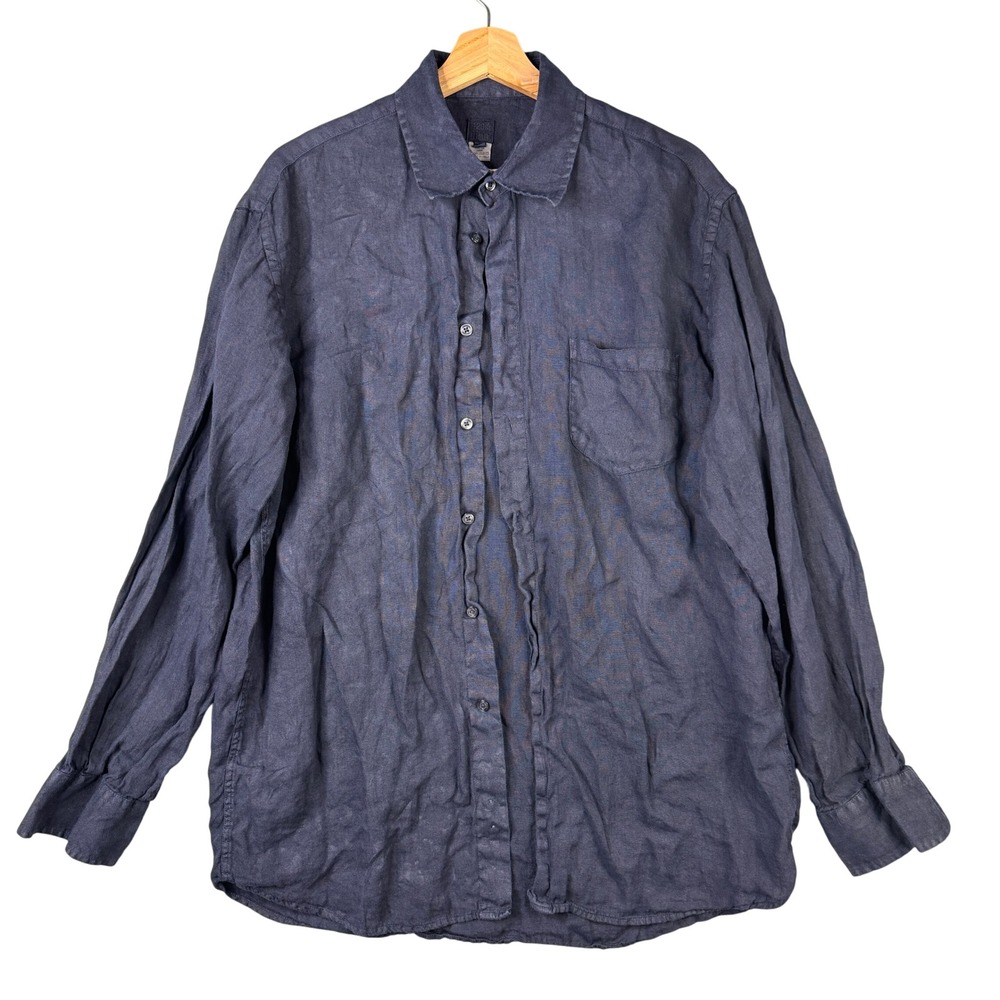120% Lino Mens Navy Blue 100% Linen Long Sleeve Button Up Shirt Size M